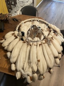 Native American Indian JUMBO MANDALA Wool Fur Leather Fleece Feathers Beads