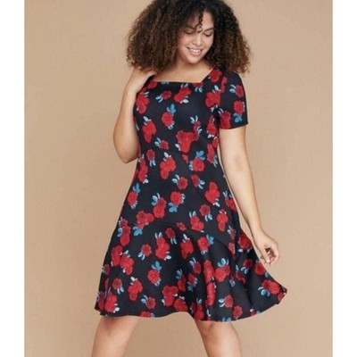 NWT Lane Bryant Dress Womens Size 12 Black Red Rose Floral ALine Short Sleeve