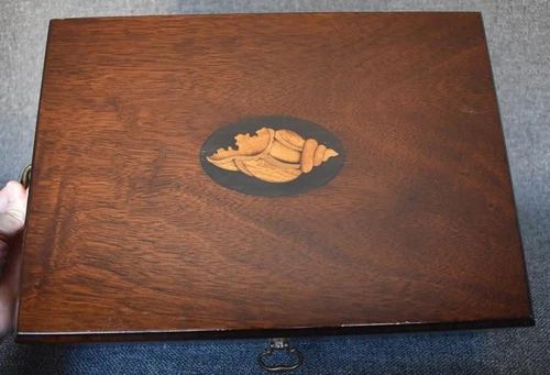 HANDSOME ANTIQUE MARQUETRY INLAY SHELL MOTIF OVAL MAHOGANY TWO HANDLED BOX