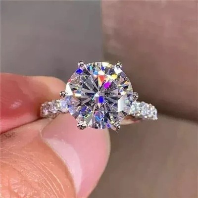 14K White Gold Plated Silver 4CT Round Cut Moissanite Solitaire Engagement Ring