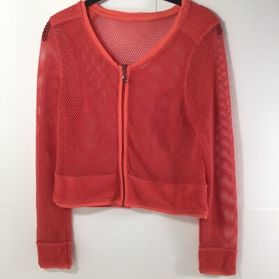 Women's Netted Red Crop Long Sleeve Top Full Zip Sweater