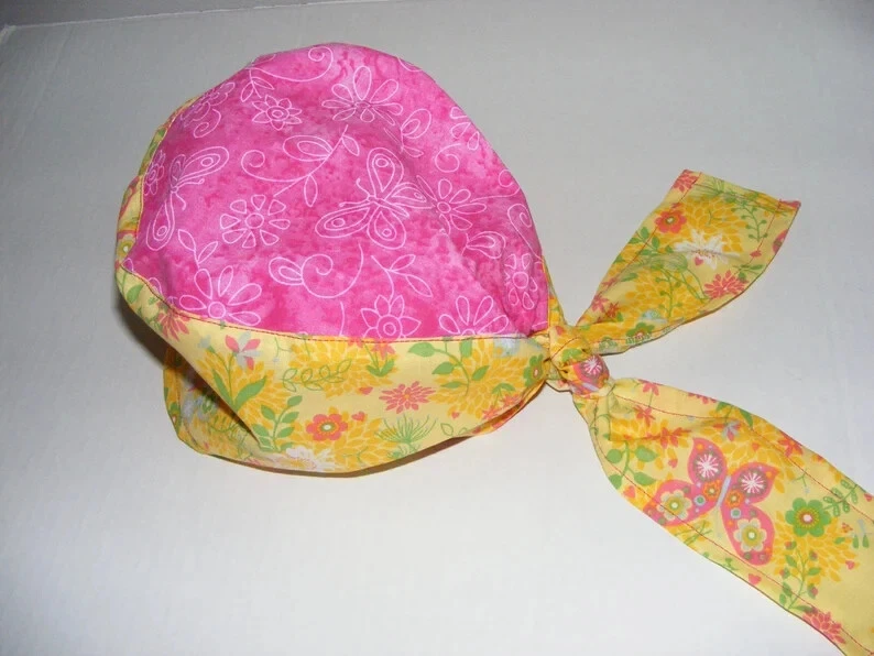 Scrub Surgical Cap Doctor Nurse Hospital Yellow/Pink Handmade Ships Free - Image 4 of 4