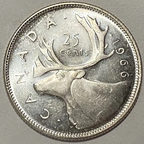 Brilliant Uncirculated 1966 Canada 25 Cents Quarter Dollar .800 Silver Coin