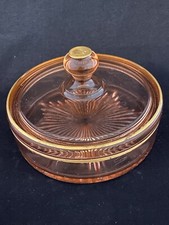 Pink Depression Glass Candy Dish W Cover Art Deco Star Design Gold Trim