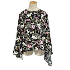 Catherine Malandrino Top Shirt Blouse Women's L Large Floral Long Sleeve Black