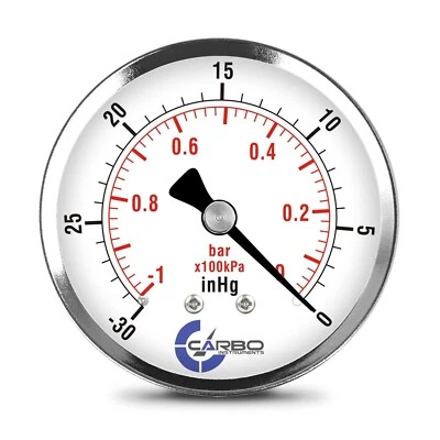 CARBO INSTRUMENTS 2-1/2" Vacuum Gauge - Chrome Plated Steel Case, 1/4"NPT, Back Mnt. -30 inHg/0