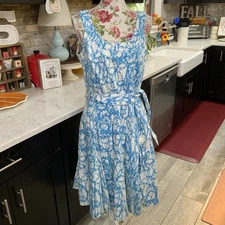 Calvin Klein Midi Dress Womens Sz 12 Blue White Fit & Flare Garden Party Preppy