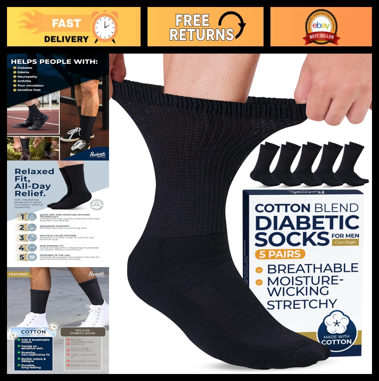 Men's Diabetic Crew Socks - 5 Pairs, Non-Binding, Moisture-Wicking, Loose Fit