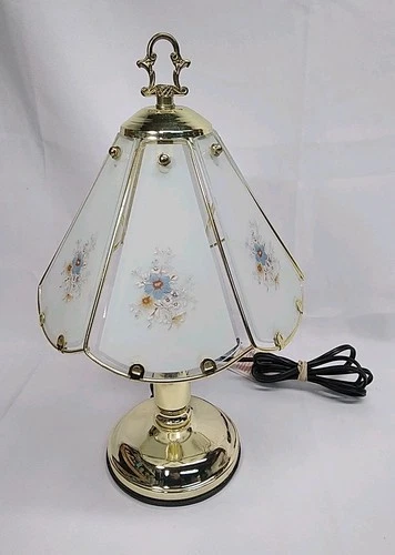 Touch Lamp Brass Floral Glass 6 Panel Table Accent Night Light 14" Tested Vtg