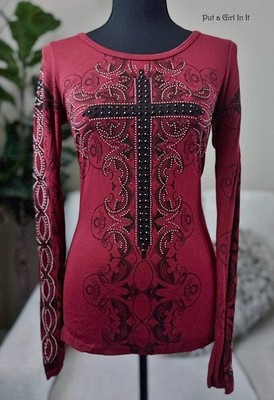 USA New VOCAL Womens CRYSTAL BURGUNDY BLACK CROSS LONG SLEEVE SHIRT S Small Y2K