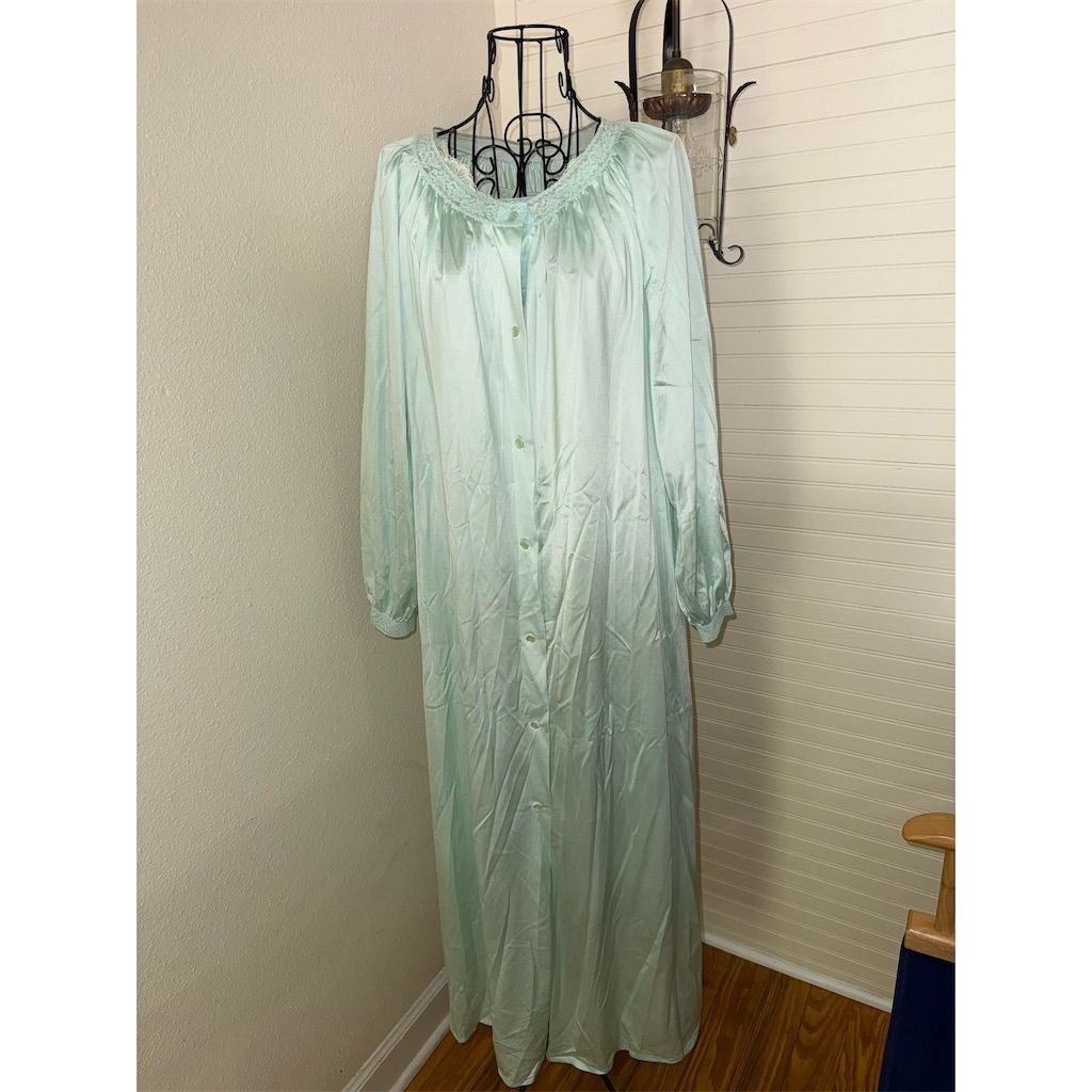Vtg Shadowline Women's Kimono Robe and Nightgown Set Small Aqua Blue Lace Trim
