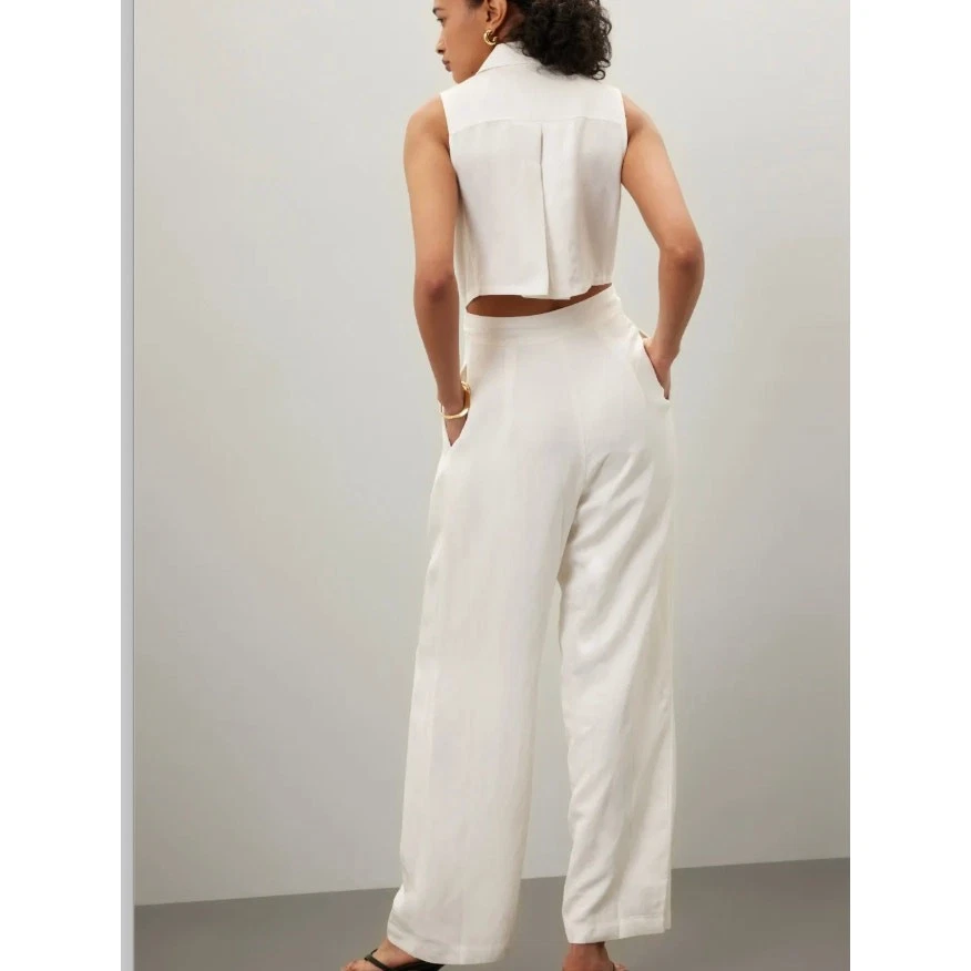 Reiss 白色亚麻连身裤 4 码宽腿无袖度假设计师 $320 — 第 2/4 张图片