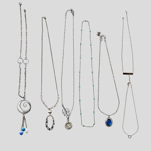 Mixed Silver Tone Necklace Lot Vintage Modern Costume Jewelry Craft Resale 7pc