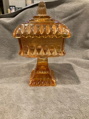vintage carnival glass pedestal candy dish lid Jeanette Glass company
