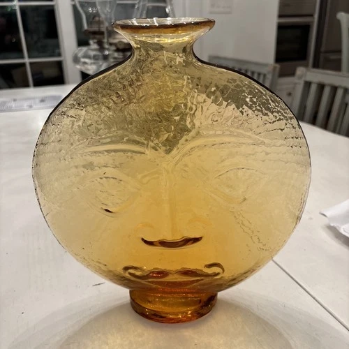 Rare Vintage Mid-Century Modern Blenko Glass Sun Face Vase 10"H glassware