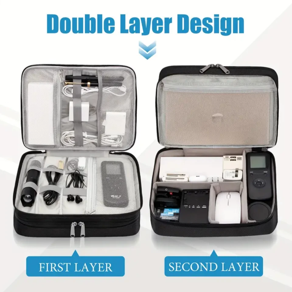 Bolsa de viaje roja de doble capa, almacenamiento de electrónica, imitación de cuero, 11" x 8,5" Foto 4 de 4