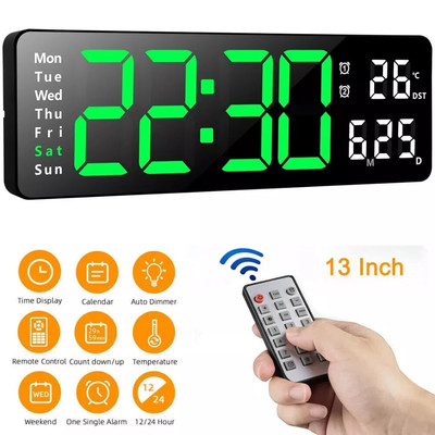 LED Digital Wanduhr mit Datum Temperatur Display Alarm Clock Fernbedienung 13''