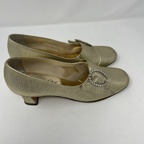 Thom McAn Low Heel Pumps Gold with Rhinestone Buckle Size 7 1970s Vintage - Picture 2 of 21
