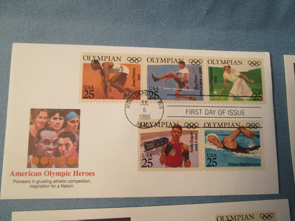 American First Day 1990 OLYMPIANS Lot 6 cachet & stamps MINNEAPOLIS mint - Image 2 of 4