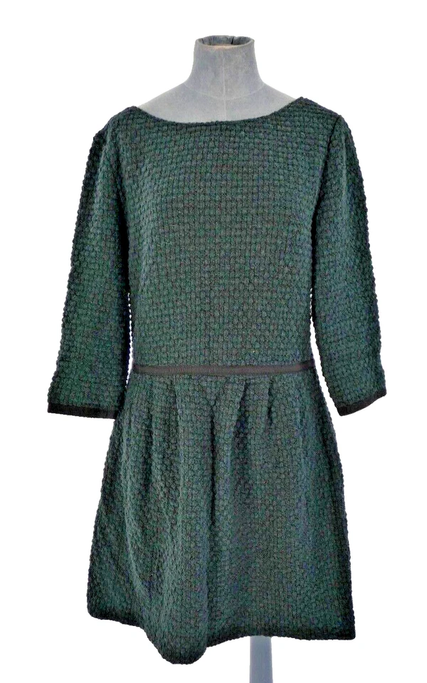 Ba&sh Tweed Dress Black Green Textured Virgin Wool Mix Pleated Size T3 UK 12