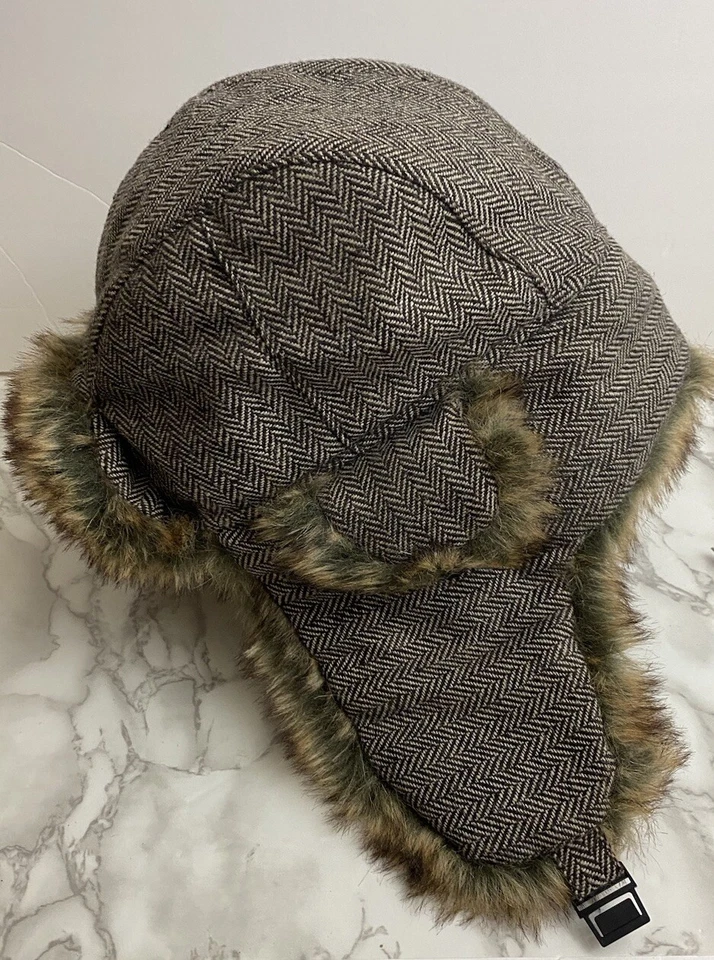 黑色/棕色人字形带人造毛皮装饰帽 - 均码适合大多数女式 — 第 3/4 张图片