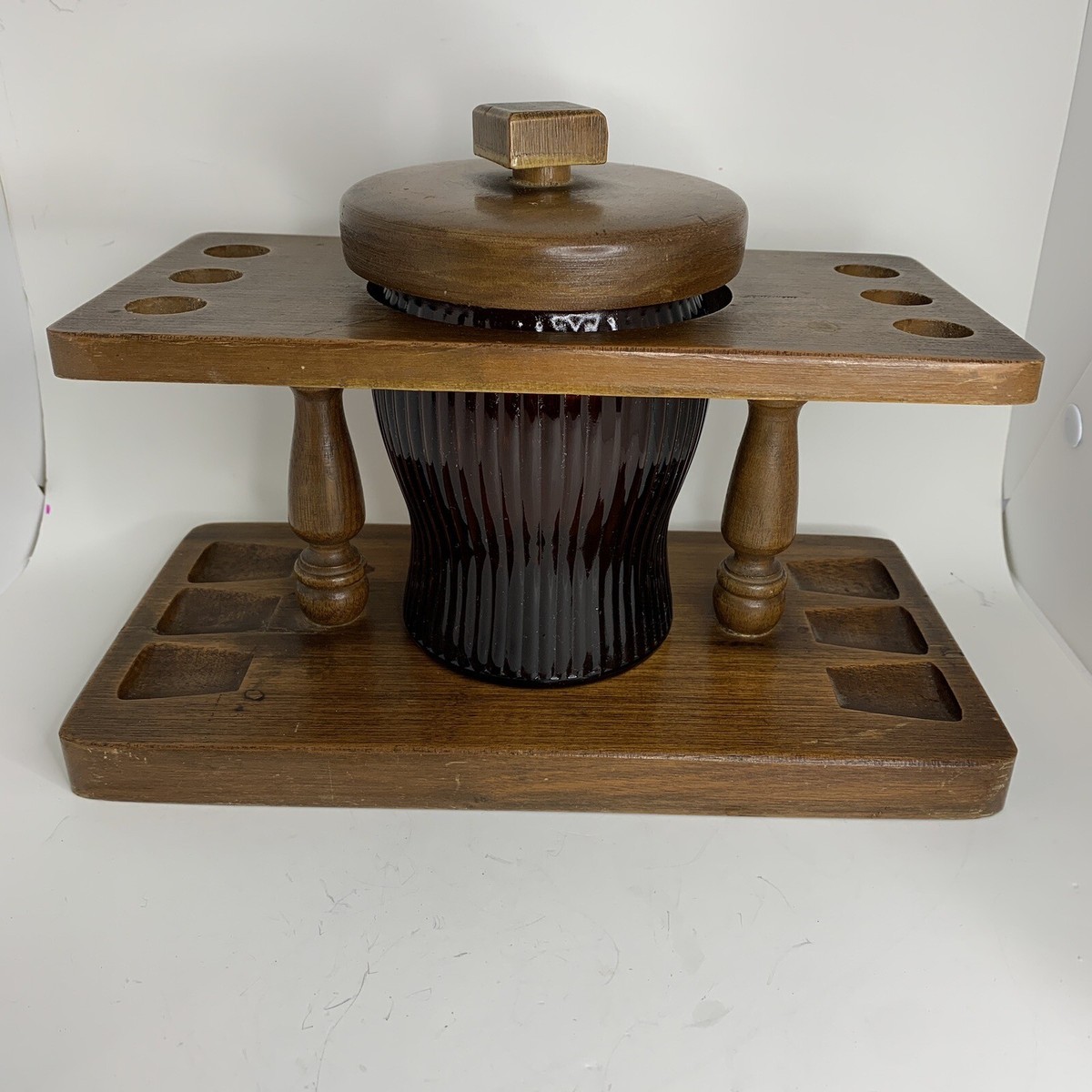 vintage pipe stand and tobacco jar Vintage Wood 6 Pipe Stand Holder Glass Tobacco Jar Humidor C W Products NY,  USA