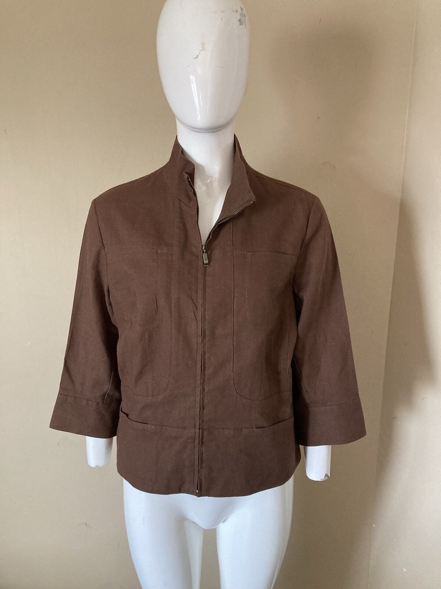 Coldwater Creek Brown Zip Up Linen Cotton Blend Blazer Business