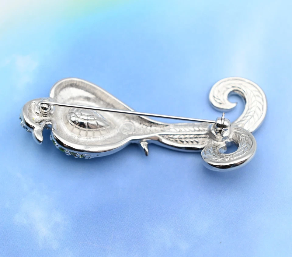 Broche prendedor tono plata sello cisne Swarovski azul verde cristal pájaro del paraíso Foto 2 de 4