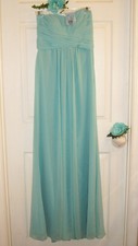 DAVID'S BRIDAL Sz 4 NWT Strapless Aqua Chiffon with Pleats Long Dress Gown Prom
