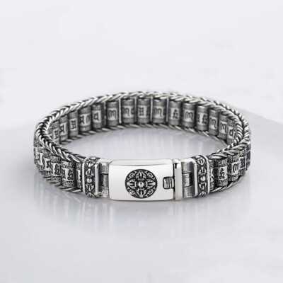 Echt S925 Sterlingsilber Damen Herren 11,5 mm Sutra Sechs Mantra Webarmband