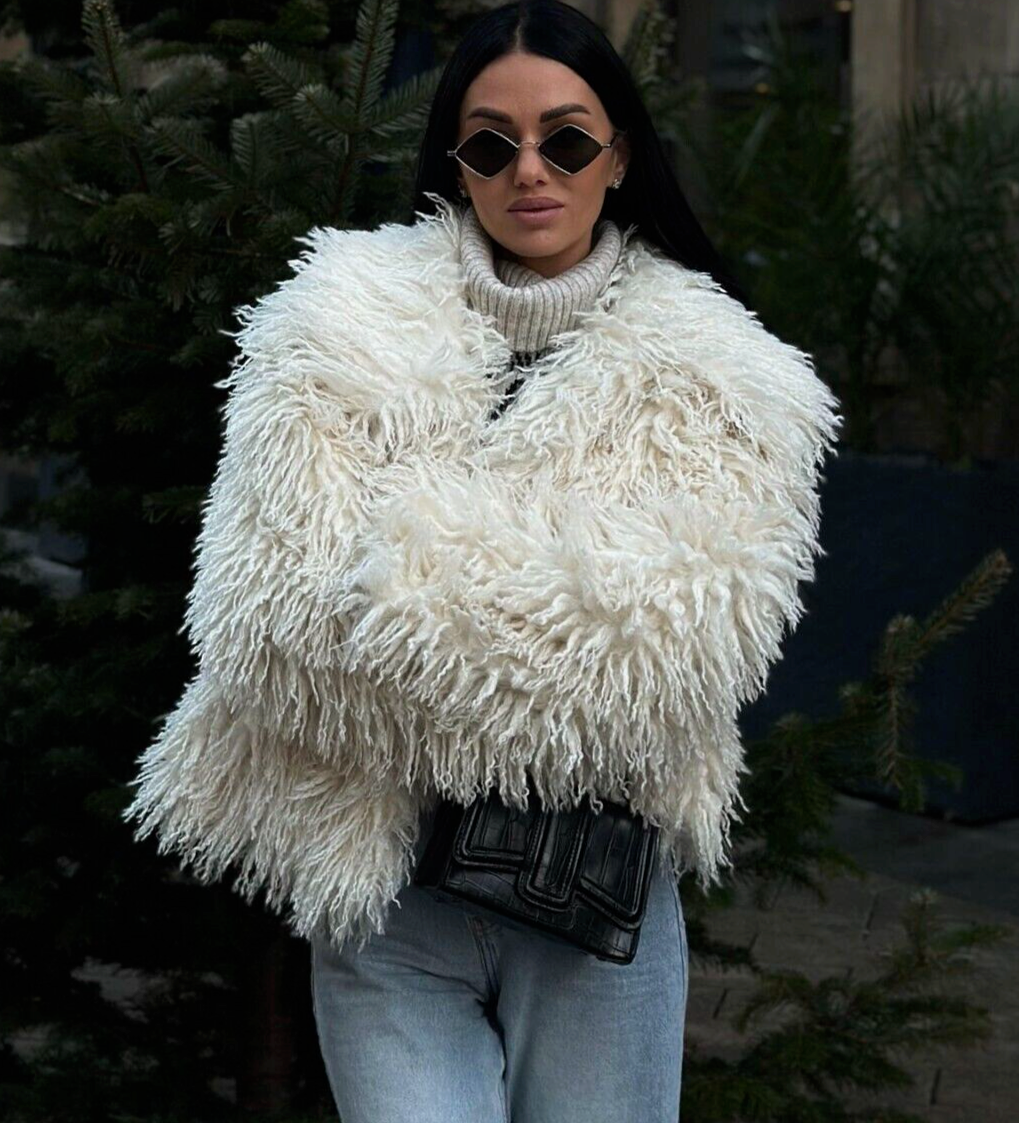 Zara Faux Fur Jacket Coat Fuzzy Knit Ecru White Cream Size S M