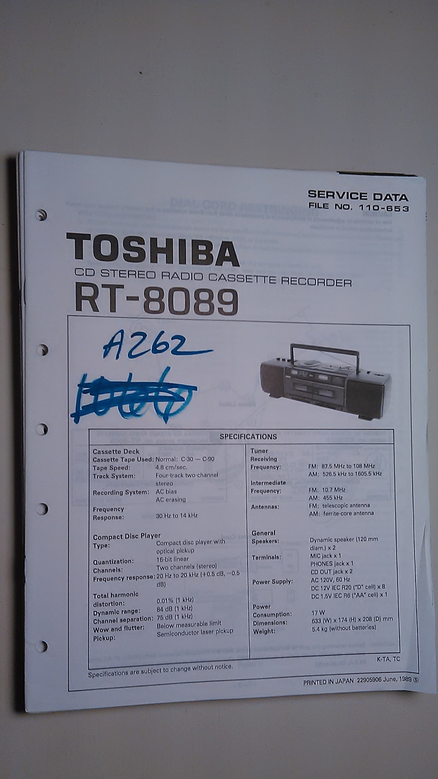 Toshiba rt-8089 service manual original repair book stereo cd player boombox