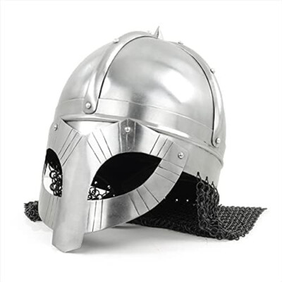 Panda Style Steel Silver Helmet with Chain Mail Attached Without Wooden Base