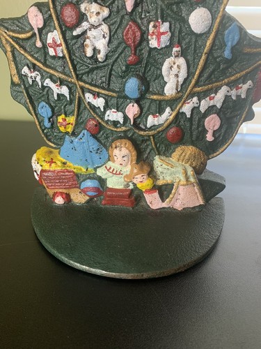 Vintage Christmas Doorstop Heavy Cast Iron Holiday Tree Green Painted Stopper - Picture 2 of 6