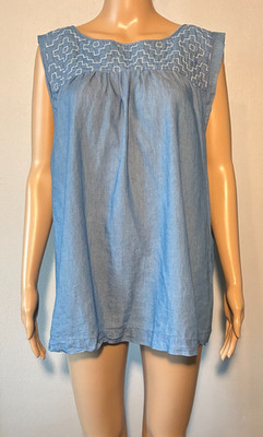 Loft Women's Blouse Size XXL Chambray Pullover Embroidered Cap Sleeve Tunic