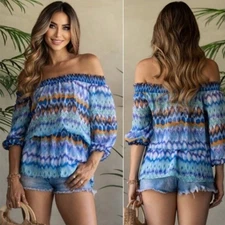 Vision USA Women's Off Shoulder Blouson Top Blouse with Cinched Waist in Blue