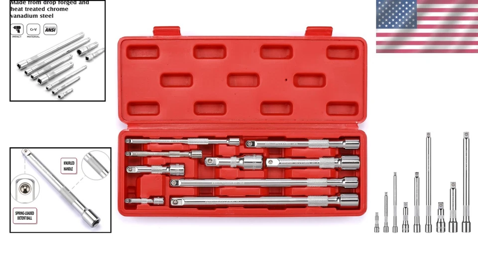 9-Piece Extension Bar Set Chrome Vanadium Steel Socket Extensions for Mechanics - Image 2 of 4