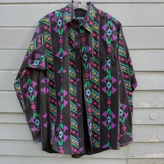 Vtg 90s Wrangler Brushpopper Southwestern Aztec Screen Printed Shirt 16 35 Tall