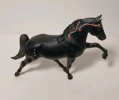 Vintage Breyer Molding Co Black Horse with Red and White Mane Braids 12 x 9 Inch