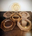 Set Of 6 Amber Depression Glass Octagonal Dessert / Luncheon Plates