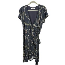 Loft Wrap Dress Cap Sleeve Midi Gray Floral Chain Size XL