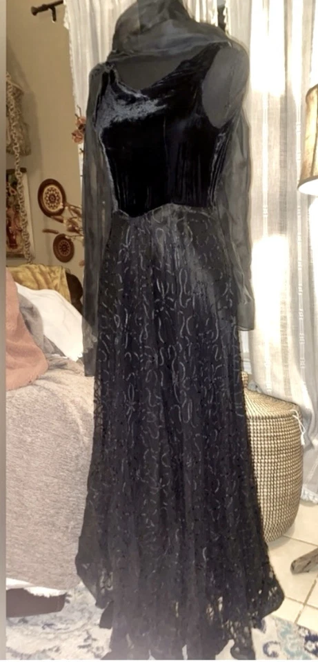 1940’s Vintage Velvet and Sheer Organza Dress Sz XXS - Image 3 of 4