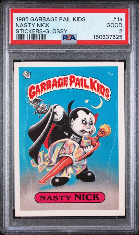 1985 GARBAGE PAIL KIDS STICKERS GLOSSY #1A NASTY NICK PSA 2
