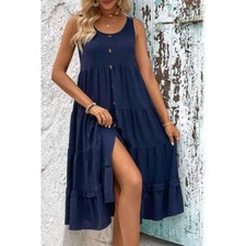 Decorative Button Scoop Neck Tiered Sleeveless Dress