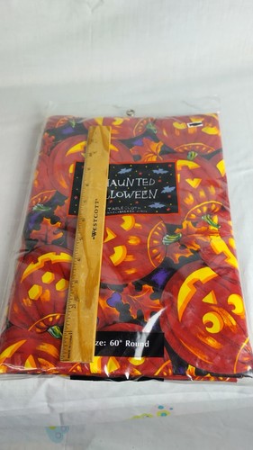 halloween pumpkin Round Flannel Back 60" Fall Holiday Table Cloth New Old Stock - Picture 10 of 11