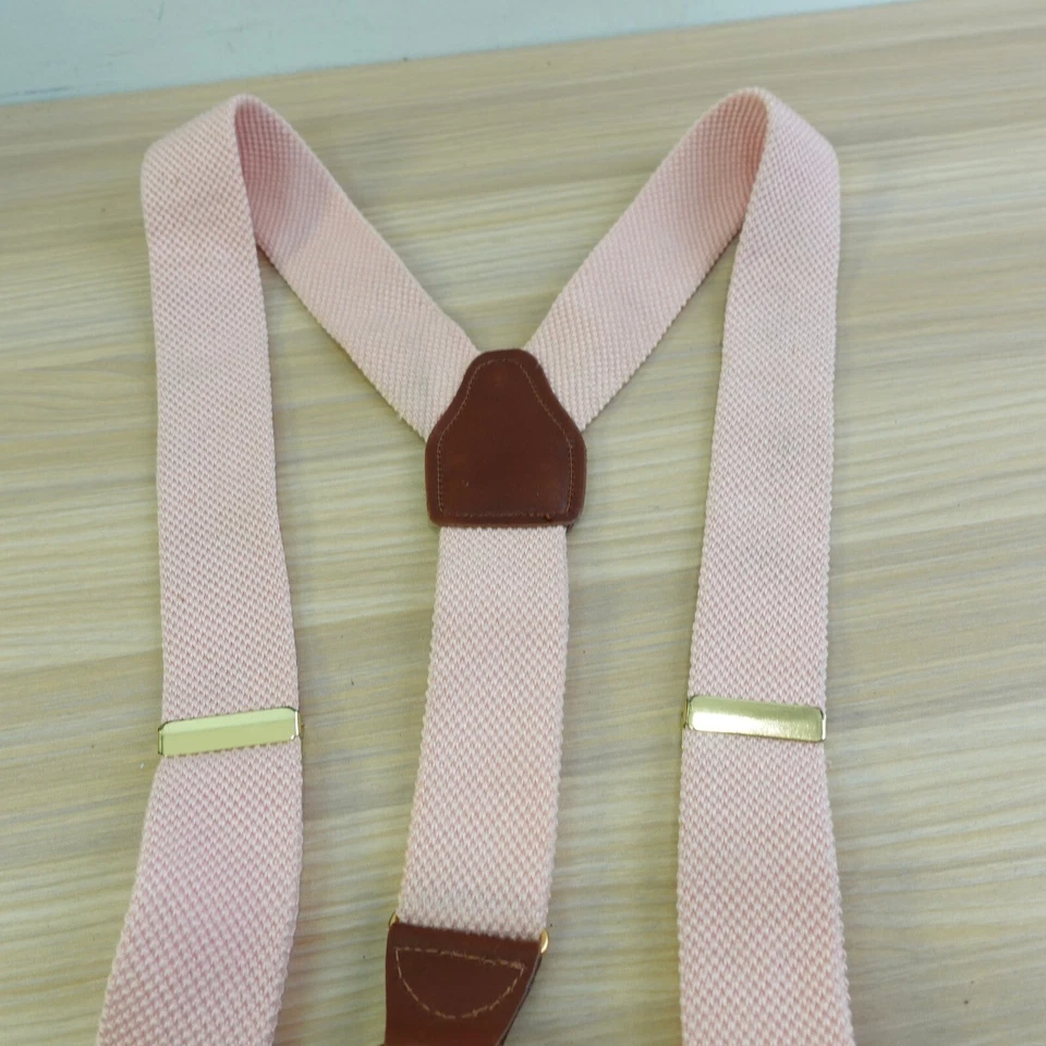 Boys Suspenders Light Pink Adjustable Gold Button Leather Y Back Knit Wool - Image 2 of 4