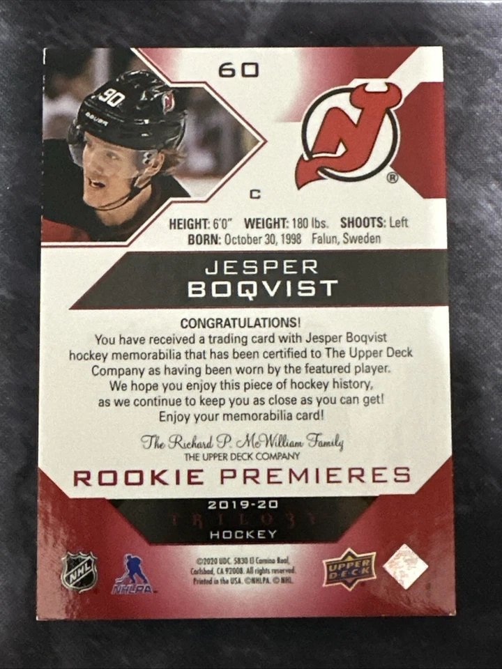 2019-20 Trilogy Rookie Premieres Red Jerseys 60 Jesper Boqvist New Jersey Devils - Image 3 of 3