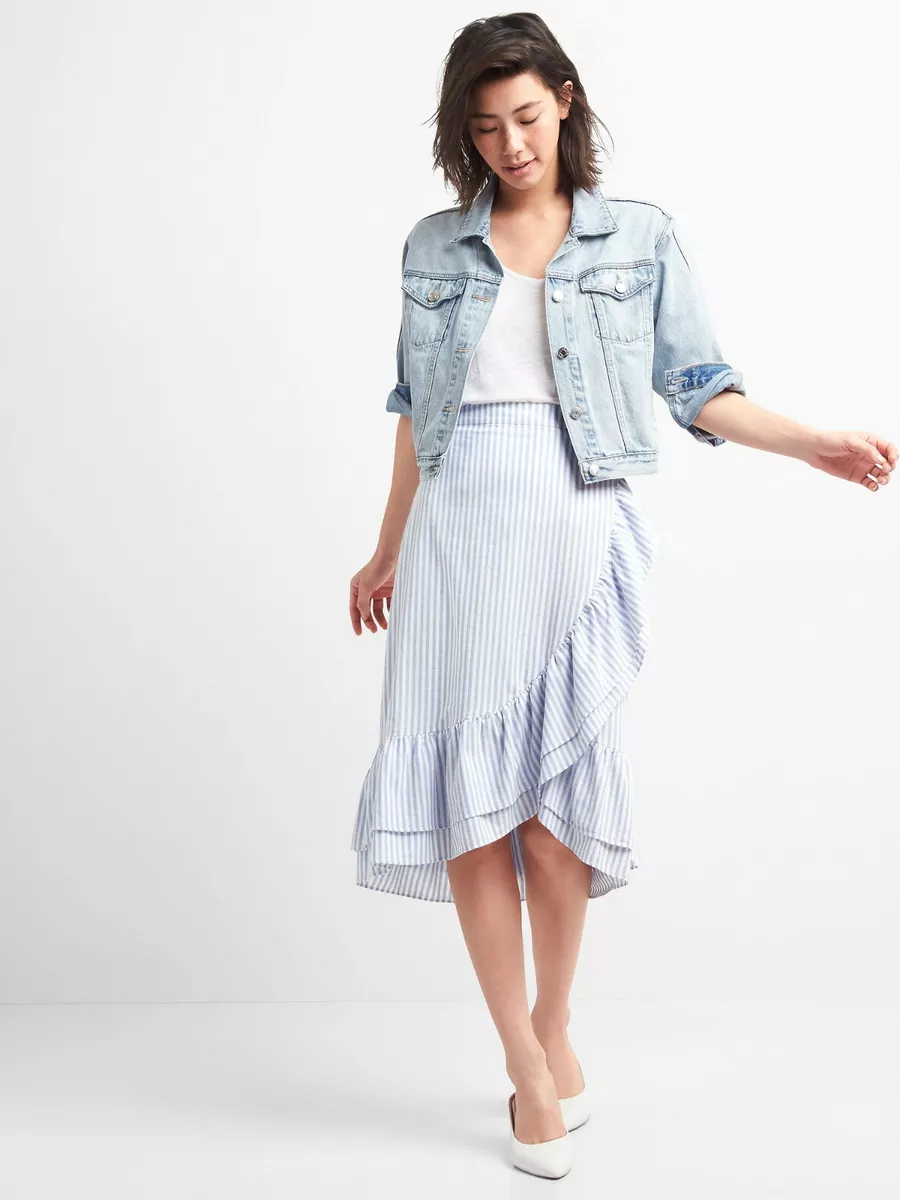 GAP Ruffle Wrap Midi Skirt Blue White Stripe 100 Cotton Size