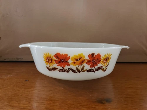 Vintage Fire-King 437 Casserole Baking Dish Red & Yellow Flower Pattern *No Lid*