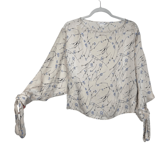 Club Monaco Silk Blouse Womens Small Cream Blue Tie Puff Sleeve Dainty Floral - Picture 2 of 16